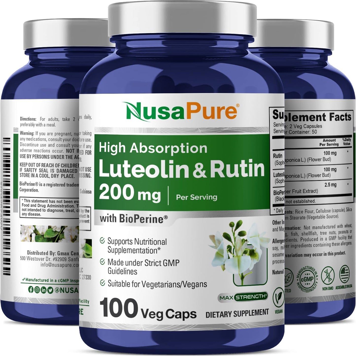 Vegetarian Luteolin Complex with Rutin 200 mg - 100 Capsules | Non-GMO Vegan Flavonoid Supplement by NusaPure