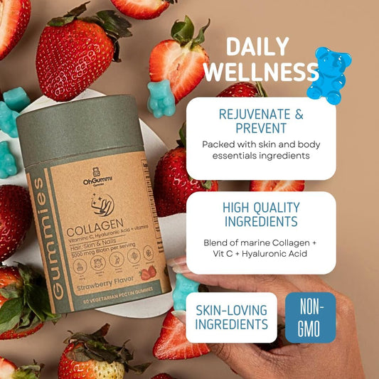 Vegetarian Marine Collagen Gummies with Hyaluronic Acid, Grapeseed, Vitamin C, B12, E - 500mg