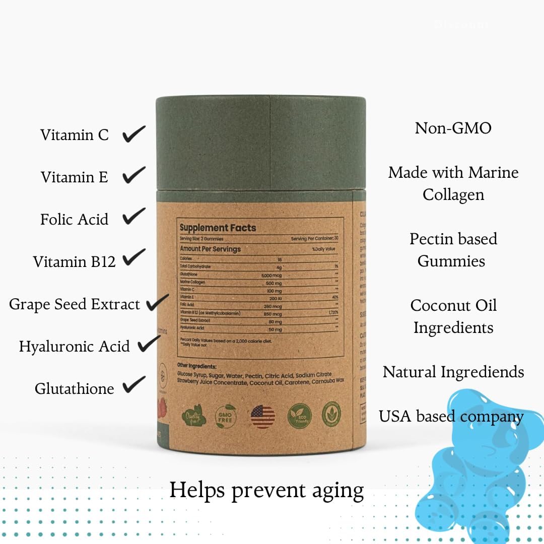 Vegetarian Marine Collagen Gummies with Hyaluronic Acid, Grapeseed, Vitamin C, B12, E - 500mg