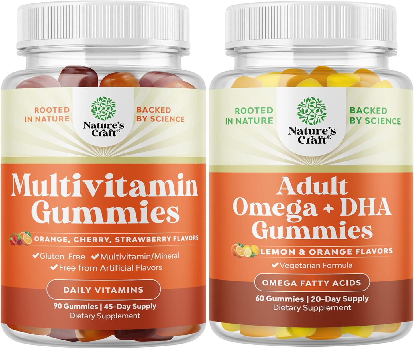 Vegetarian Multivitamin Gummy Bundle with Vitamin D, C, E, B12, Zinc, Biotin, and Omega 3 for Adults - Brain and Wellness Support