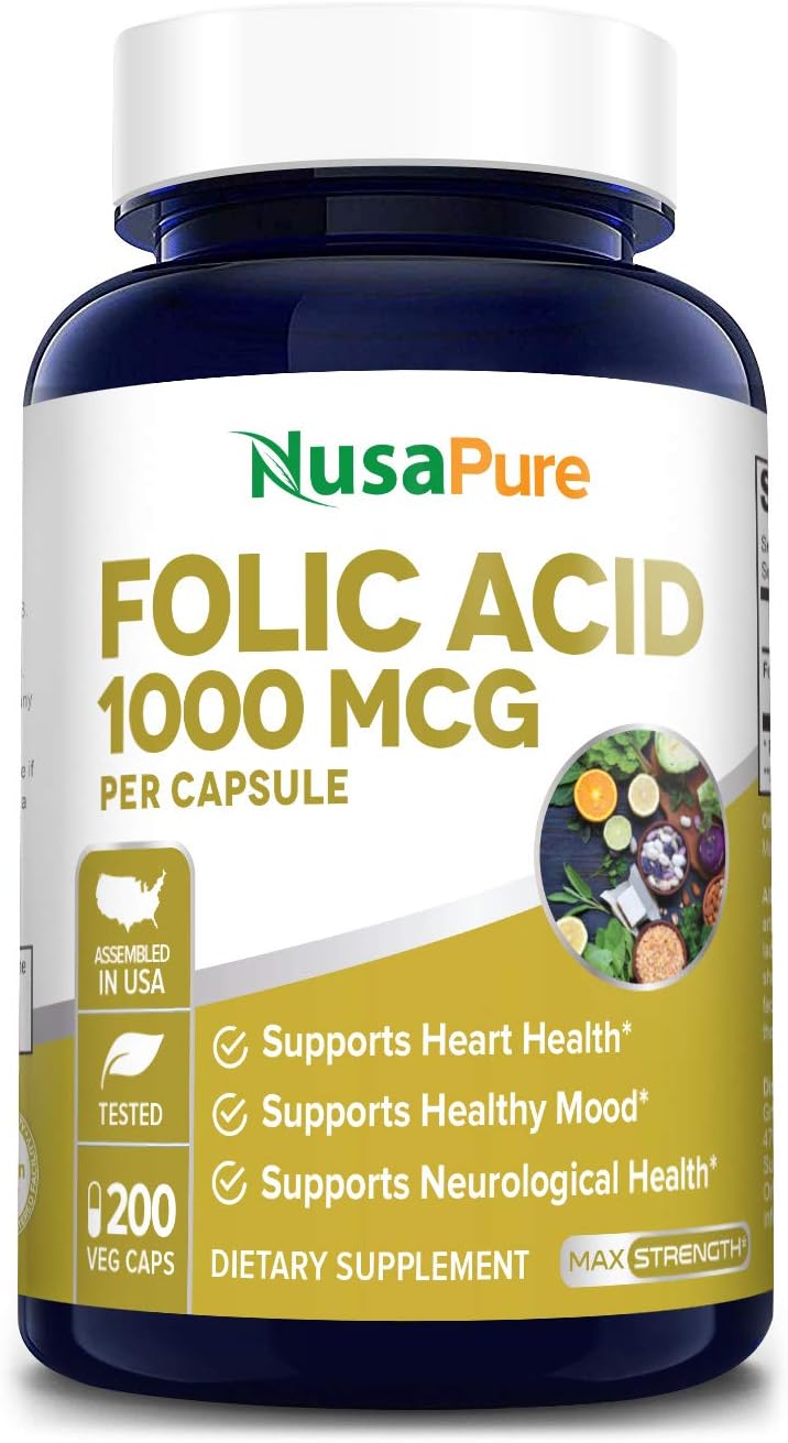 Vegetarian Non-GMO Folic Acid Supplement 1000mcg - 200 Veggie Capsules Free of Gluten by NusaPure