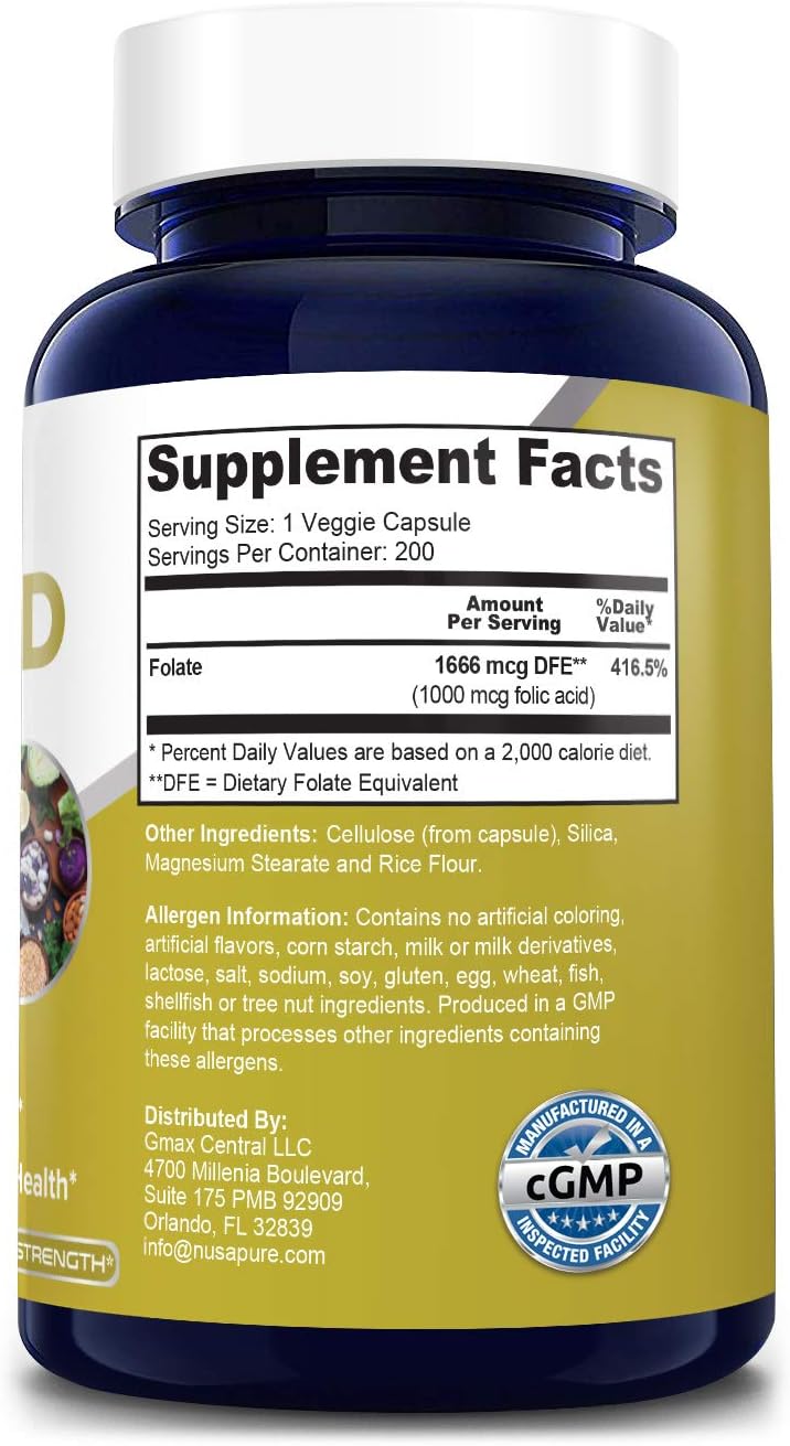 Vegetarian Non-GMO Folic Acid Supplement 1000mcg - 200 Veggie Capsules Free of Gluten by NusaPure
