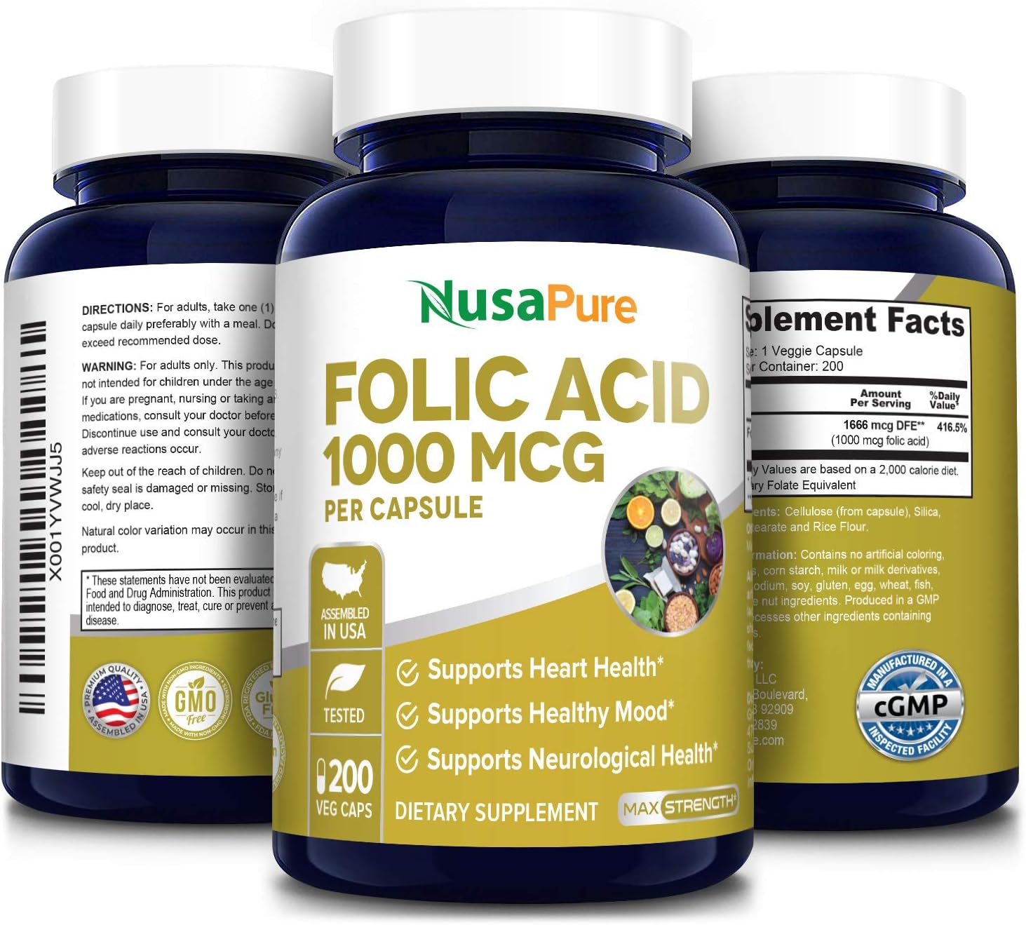 Vegetarian Non-GMO Folic Acid Supplement 1000mcg - 200 Veggie Capsules Free of Gluten by NusaPure