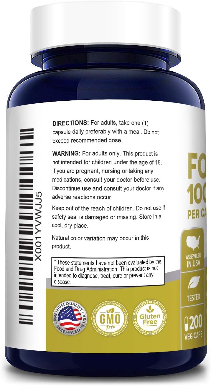 Vegetarian Non-GMO Folic Acid Supplement 1000mcg - 200 Veggie Capsules Free of Gluten by NusaPure
