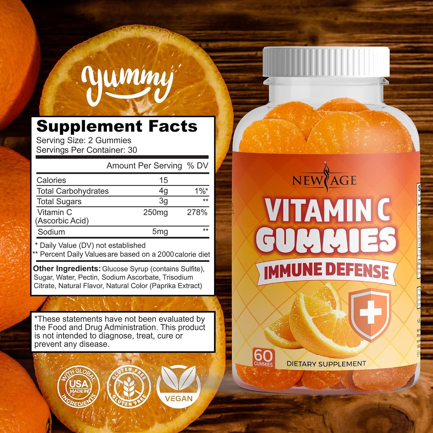 Vegetarian Orange Vitamin C Gummies for Immune Support - Gluten-Free (60 Gummies)
