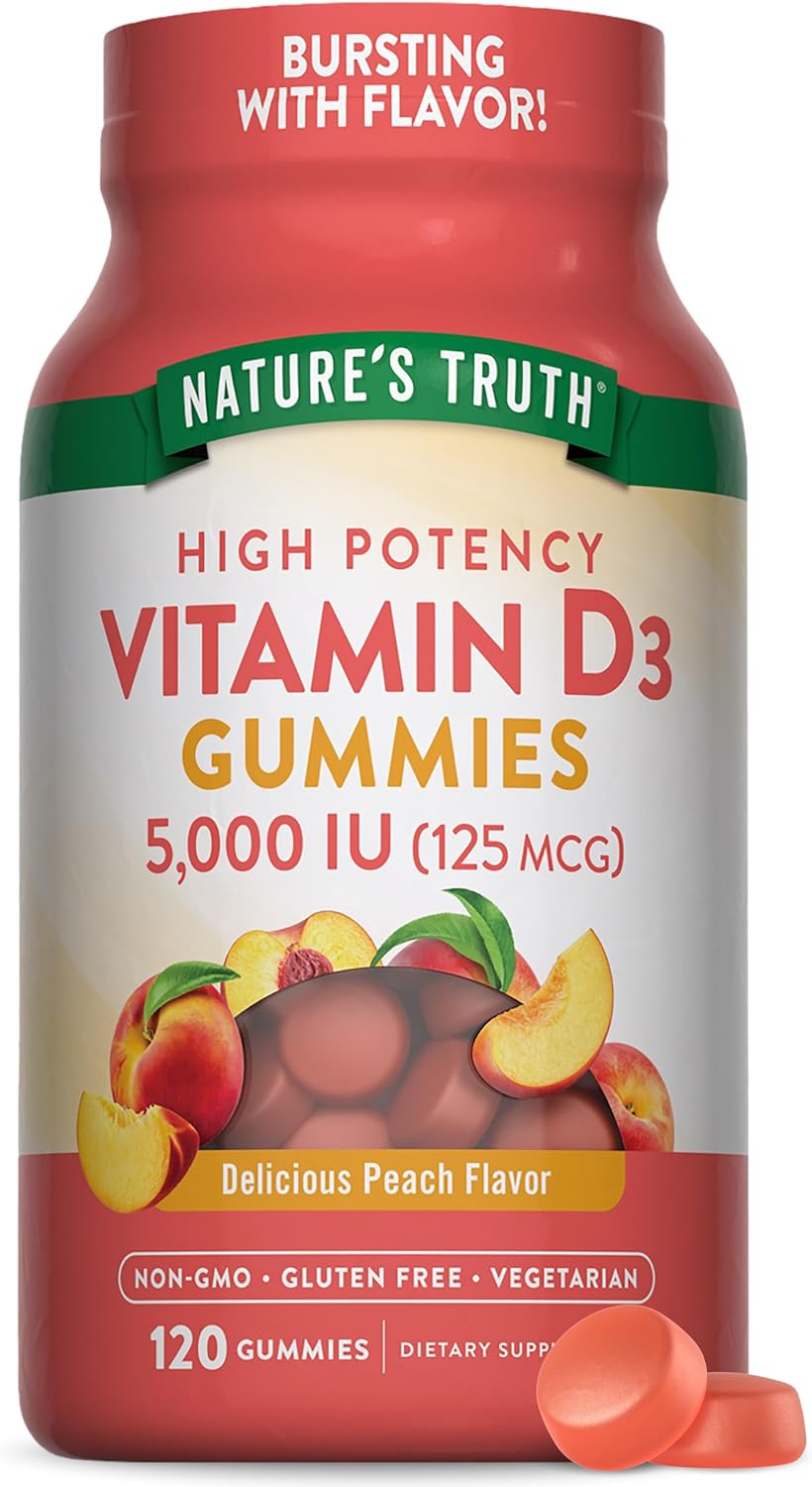Vegetarian Peach Flavor Vitamin D3 Gummies | 5000 IU | 120 Count | Non-GMO & Gluten Free Supplement