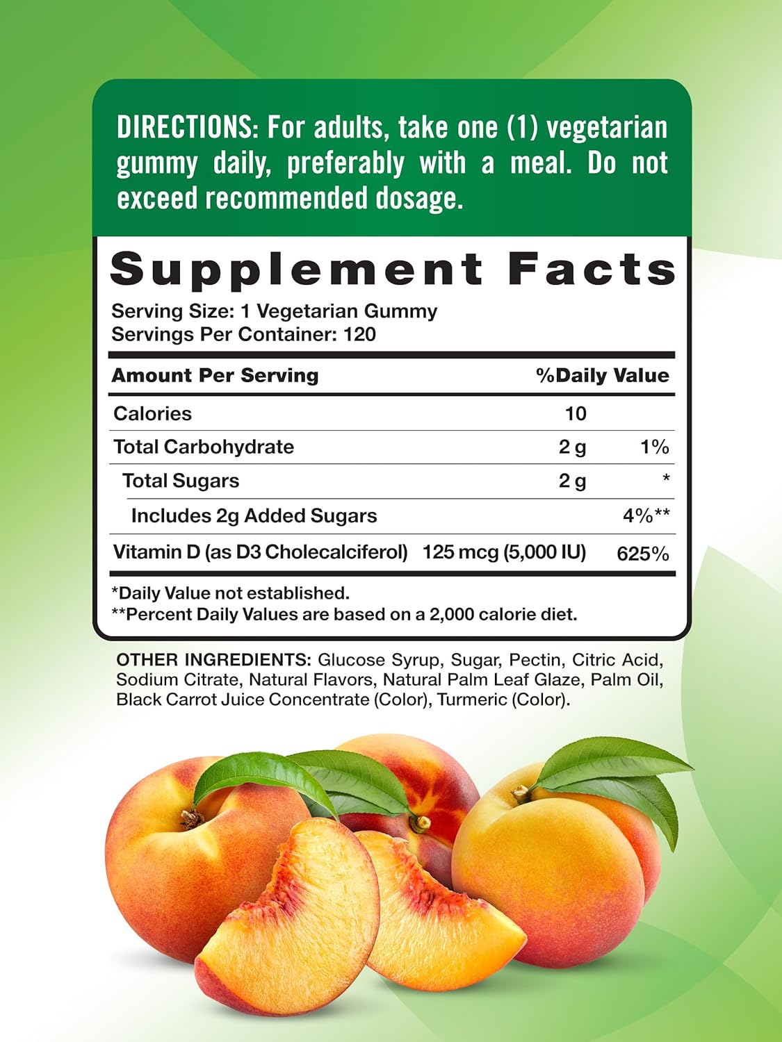 Vegetarian Peach Flavor Vitamin D3 Gummies | 5000 IU | 120 Count | Non-GMO & Gluten Free Supplement
