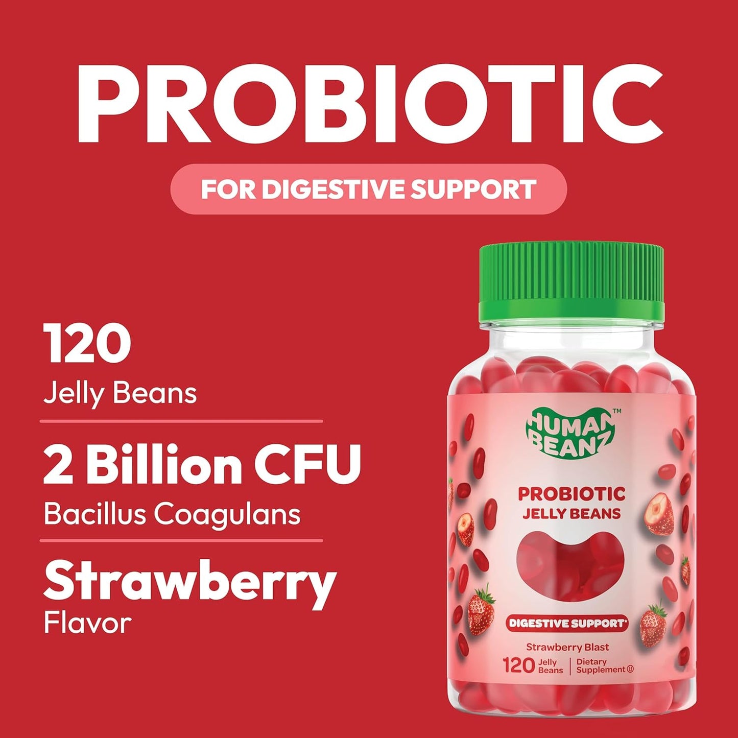 Vegetarian Probiotic Jelly Beans for Digestive Health - 120 Strawberry Blast Gummies for Men and Women, Kosher & Nutritional