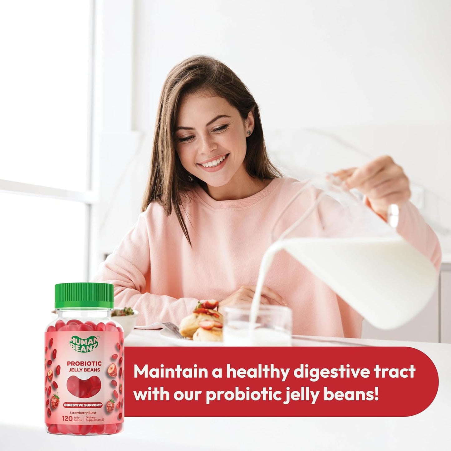 Vegetarian Probiotic Jelly Beans for Digestive Health - 120 Strawberry Blast Gummies for Men and Women, Kosher & Nutritional