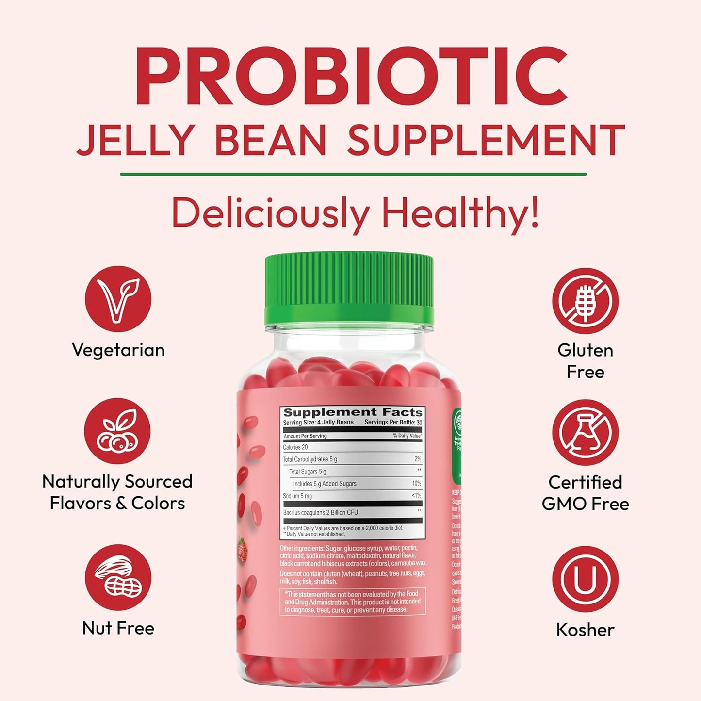 Vegetarian Probiotic Jelly Beans for Digestive Health - 120 Strawberry Blast Gummies for Men and Women, Kosher & Nutritional