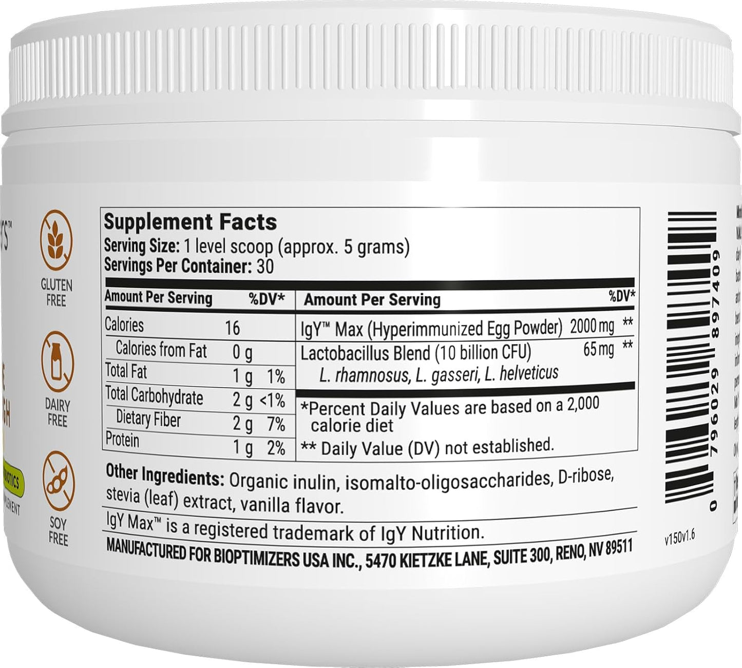 Vegetarian Vanilla Probiotic Powder for Digestive Health - Gas & Bloating Relief - 30 Servings - 150g - BiOptimizers Microbiome Repair Formula
