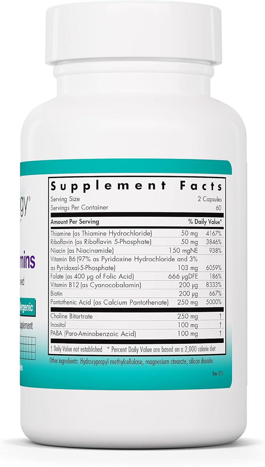 Vegetarian Vitamin B Complex Supplement with Vitamin B12 & B6 - 120 Capsules for Men & Women, Corn & Yeast-Free Formula by Nutricology