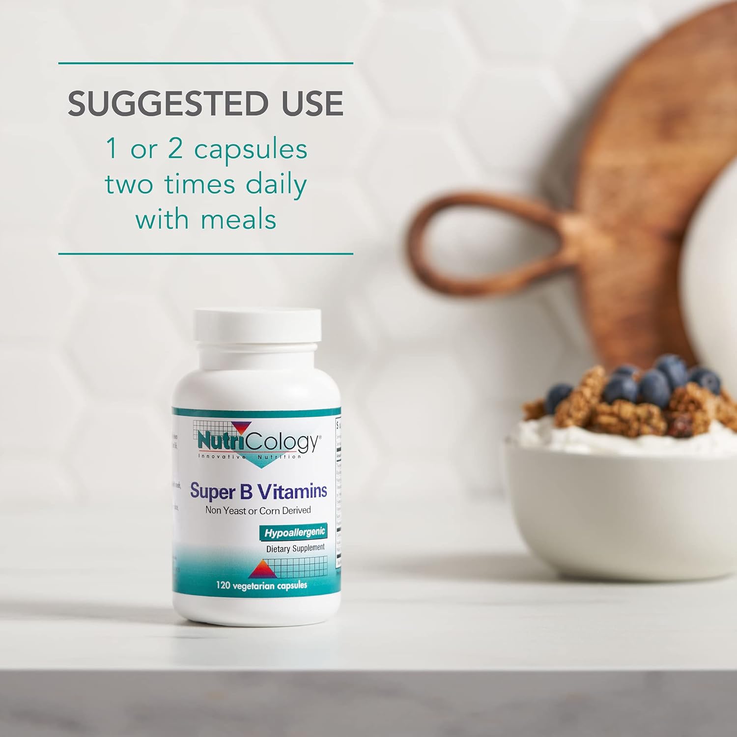 Vegetarian Vitamin B Complex Supplement with Vitamin B12 & B6 - 120 Capsules for Men & Women, Corn & Yeast-Free Formula by Nutricology