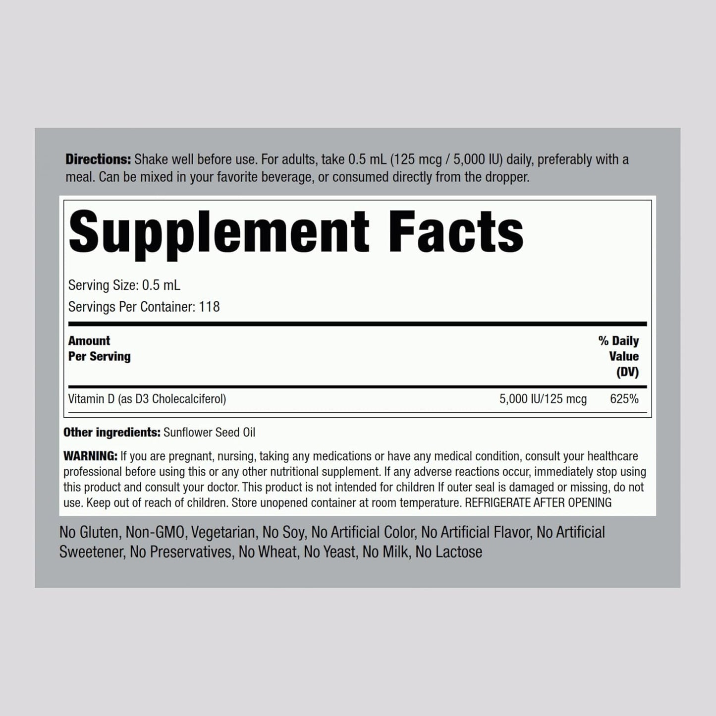 Vegetarian Vitamin D3 Liquid Drops 5000 IU | Non-GMO Gluten Free Supplement | 2 oz Bottle for Adults