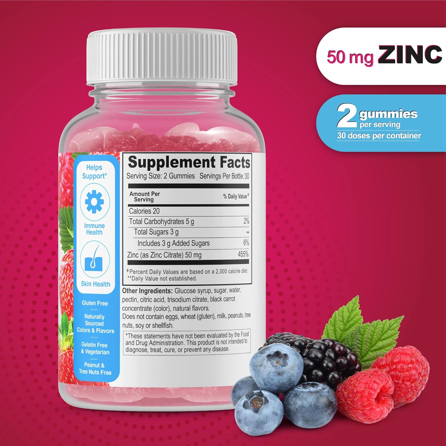 Vegetarian Zinc Gummies - 50mg, Gluten-Free, GMO-Free, Berry Flavor - 60 Count