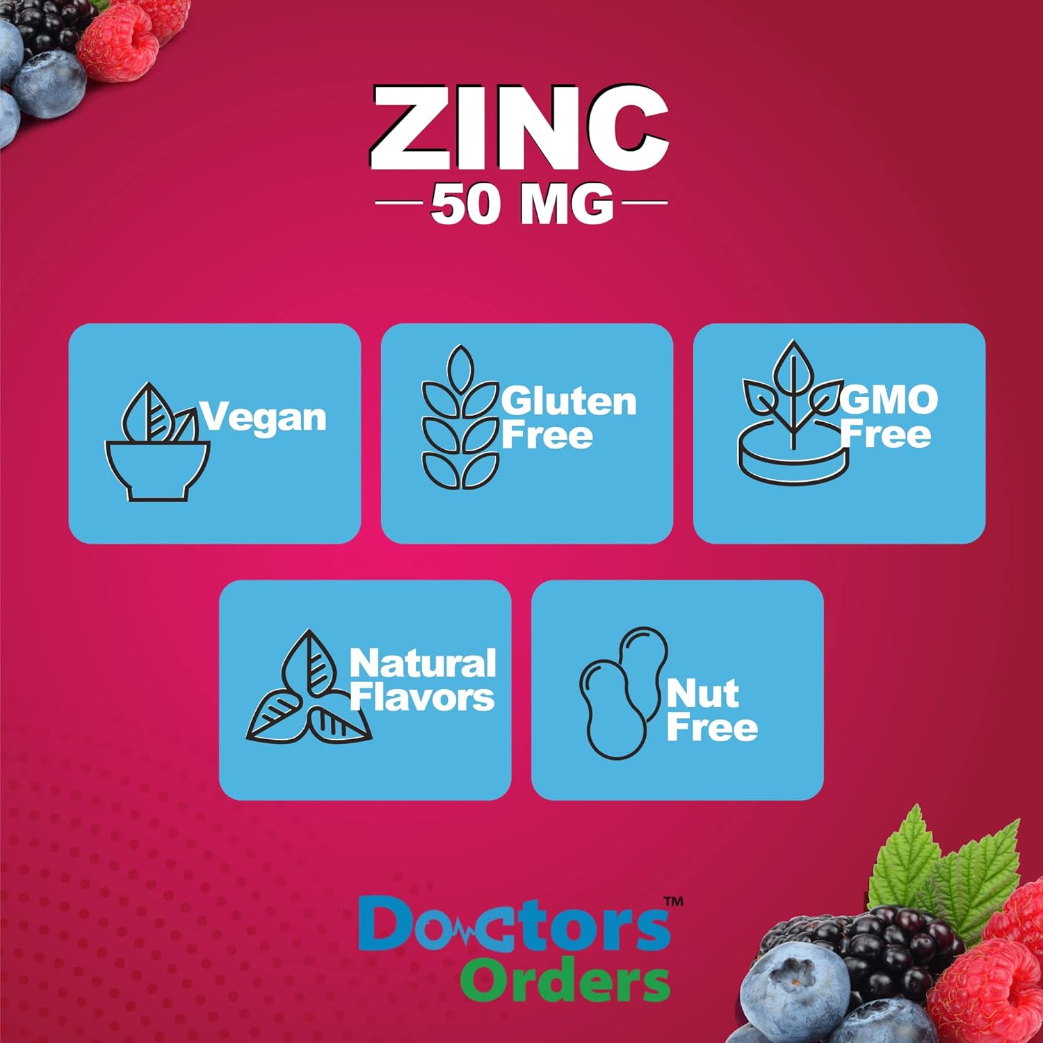 Vegetarian Zinc Gummies - 50mg, Gluten-Free, GMO-Free, Berry Flavor - 60 Count