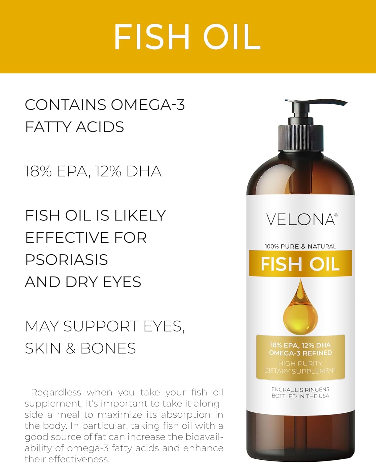 Velona Fish Omega-3 Oil - 8 Fl Oz | Pure Cold Pressed Carrier Oil with Vitamin E, D, Omega-3 | Multi-Purpose for Cooking, Skin, Hair | Natural Results Today