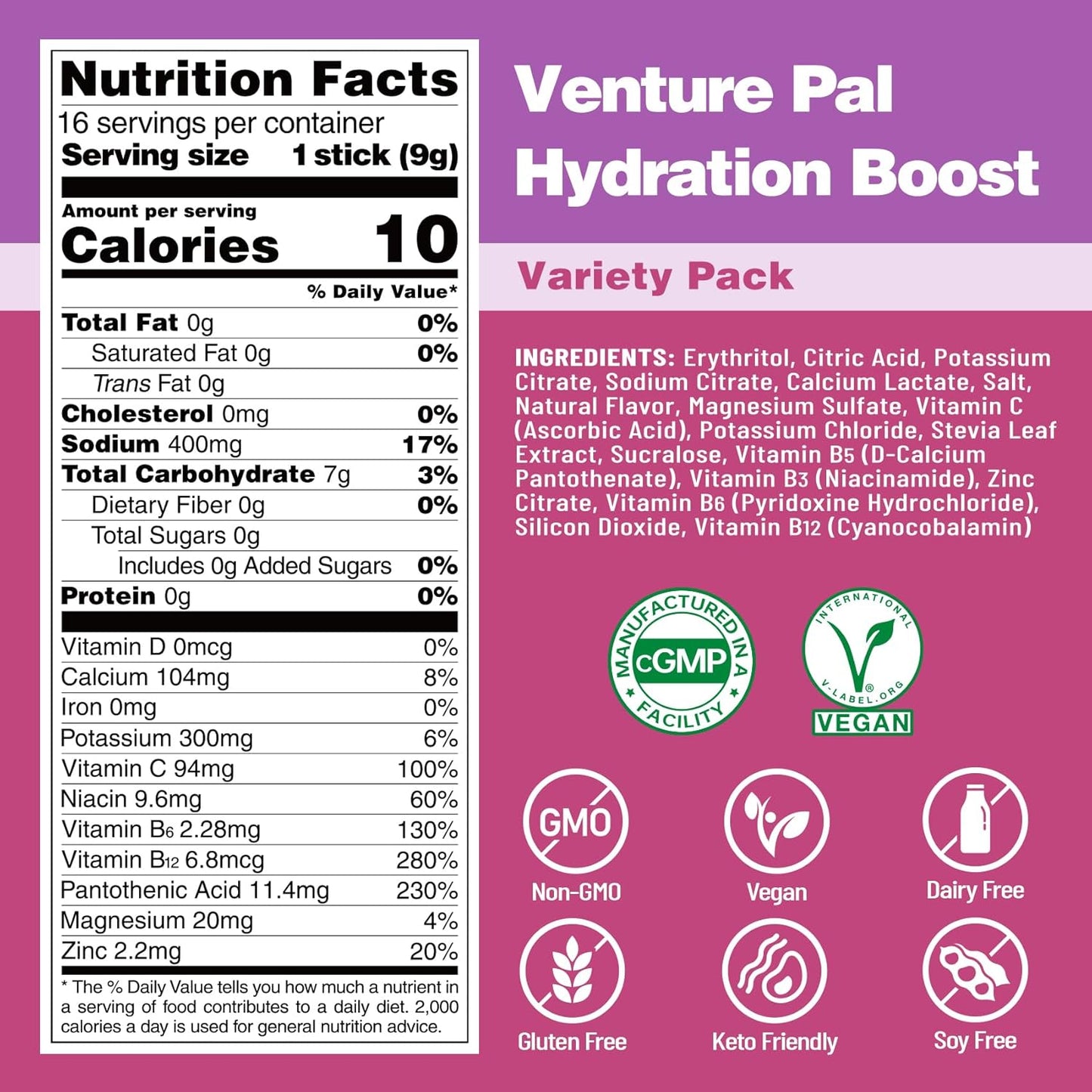 Venture Pal Electrolyte Powder Packets - Sugar Free Hydration Mix with Vitamins & Electrolytes | Keto Friendly & Non-GMO | Certified Vegan - 16 Sticks - BoostGo Australia