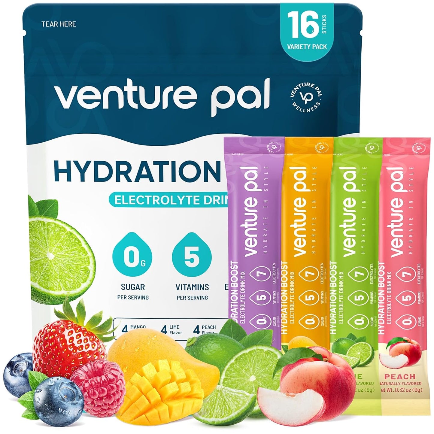 Venture Pal Sugar Free Electrolyte Powder Packets - Hydration Drink Mix with Vitamins & Electrolytes - Keto Friendly & Non-GMO - 16 Sticks