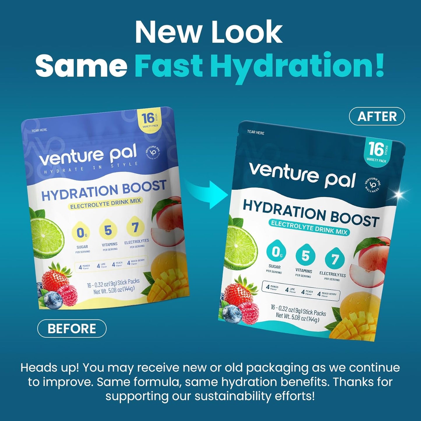 Venture Pal Sugar Free Electrolyte Powder Packets - Hydration Drink Mix with Vitamins & Electrolytes - Keto Friendly & Non-GMO - 16 Sticks