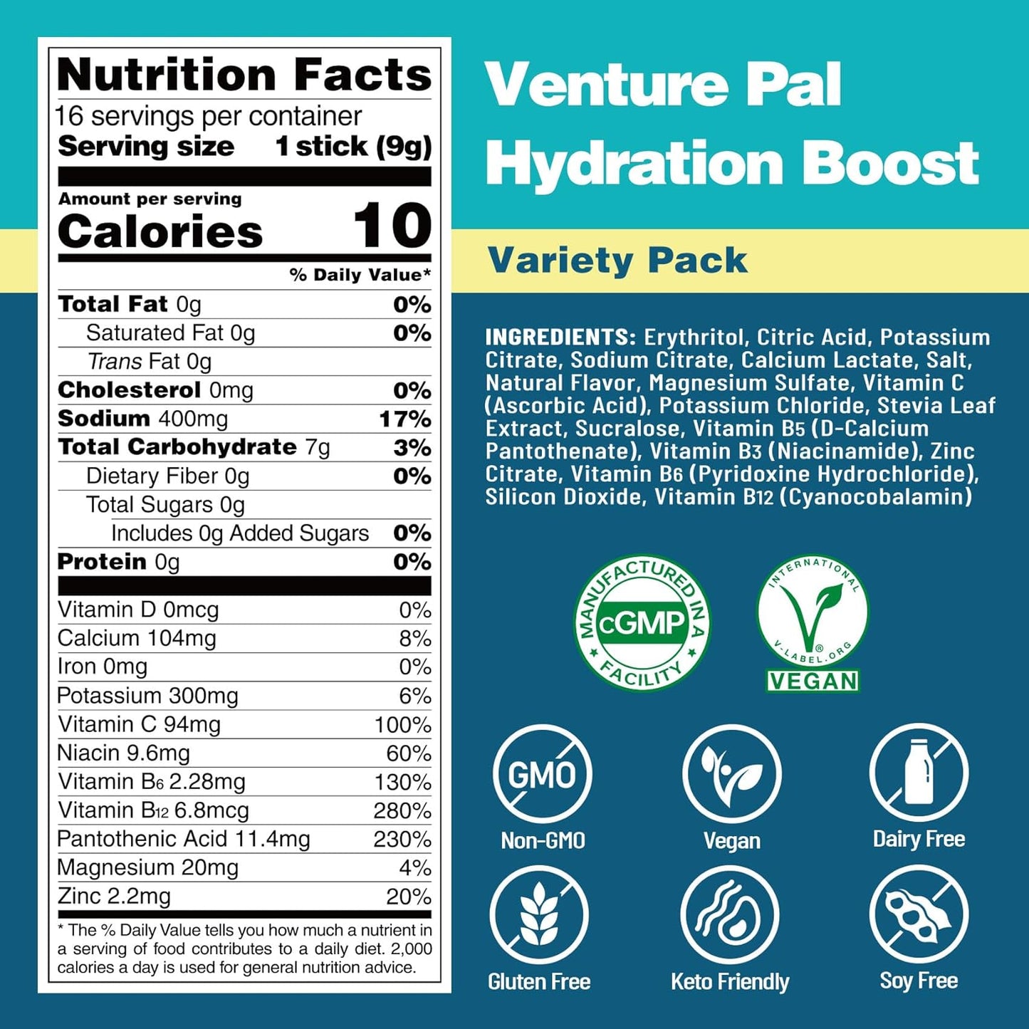 Venture Pal Sugar Free Electrolyte Powder Packets - Hydration Drink Mix with Vitamins & Electrolytes - Keto Friendly & Non-GMO - 16 Sticks