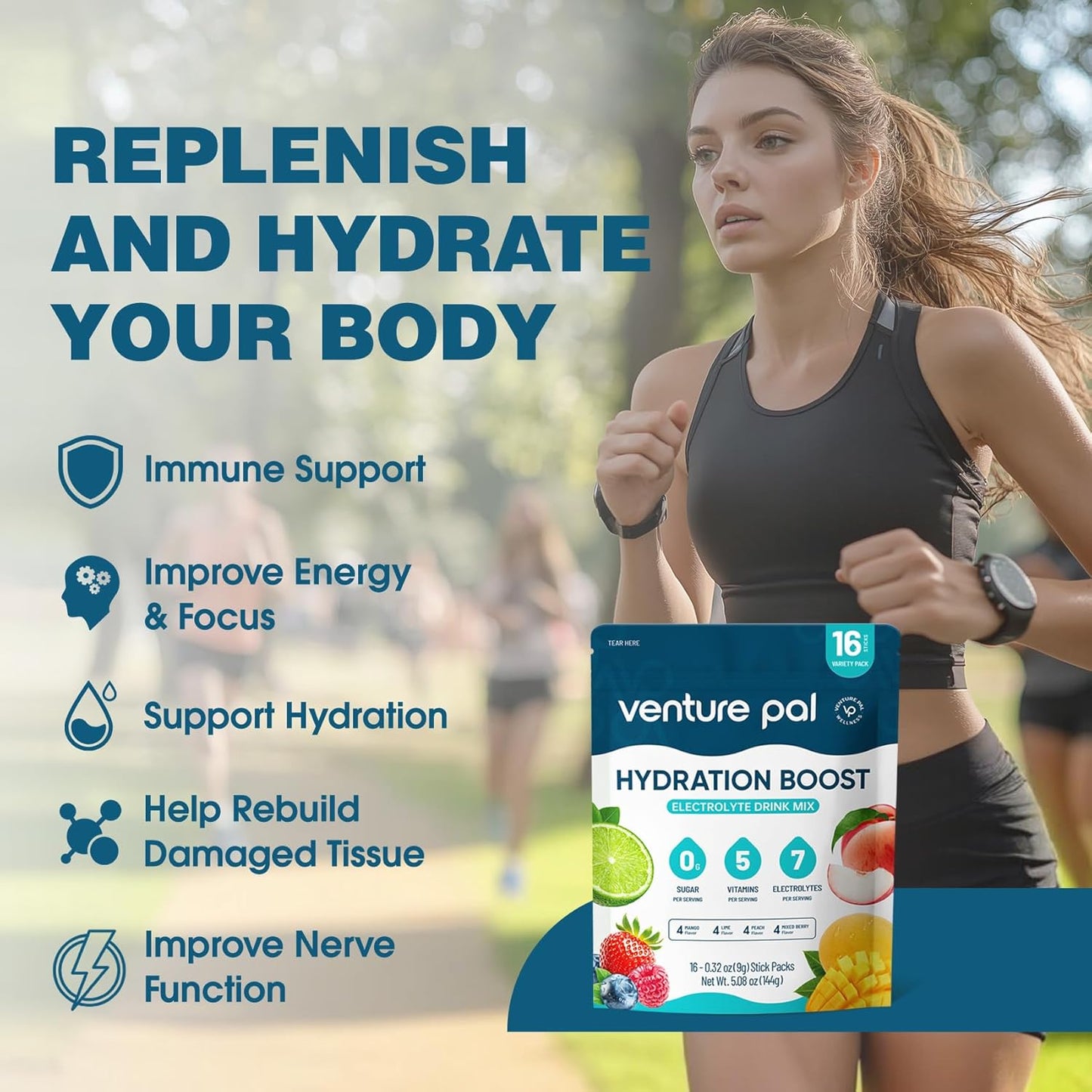 Venture Pal Sugar Free Electrolyte Powder Packets - Hydration Drink Mix with Vitamins & Electrolytes - Keto Friendly & Non-GMO - 16 Sticks