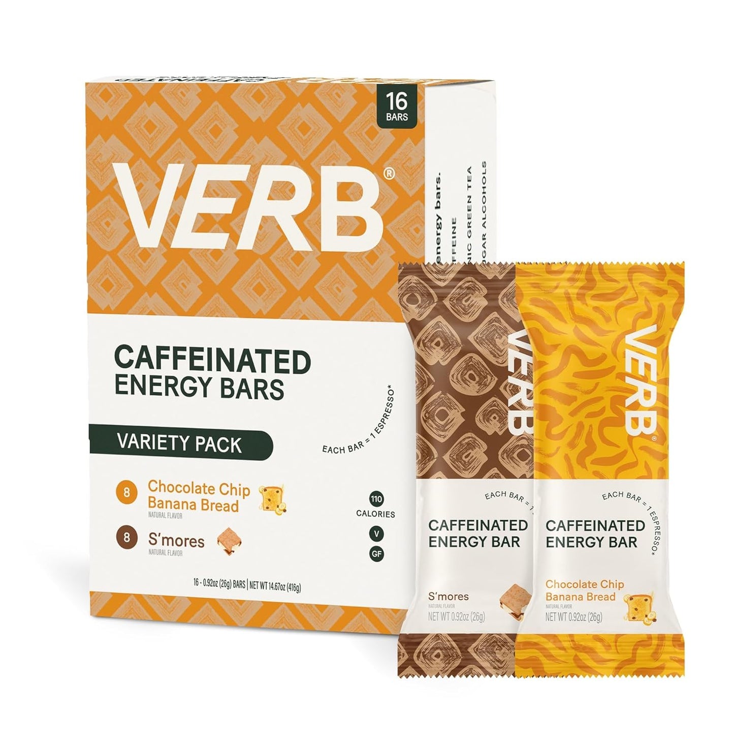 Verb Energy Variety Pack - Caffeinated Snack Bars with Organic Green Tea - Low Sugar & 110-Calorie Nutrition Bars - Vegan & Gluten Free Breakfast Bars - Pack of 16