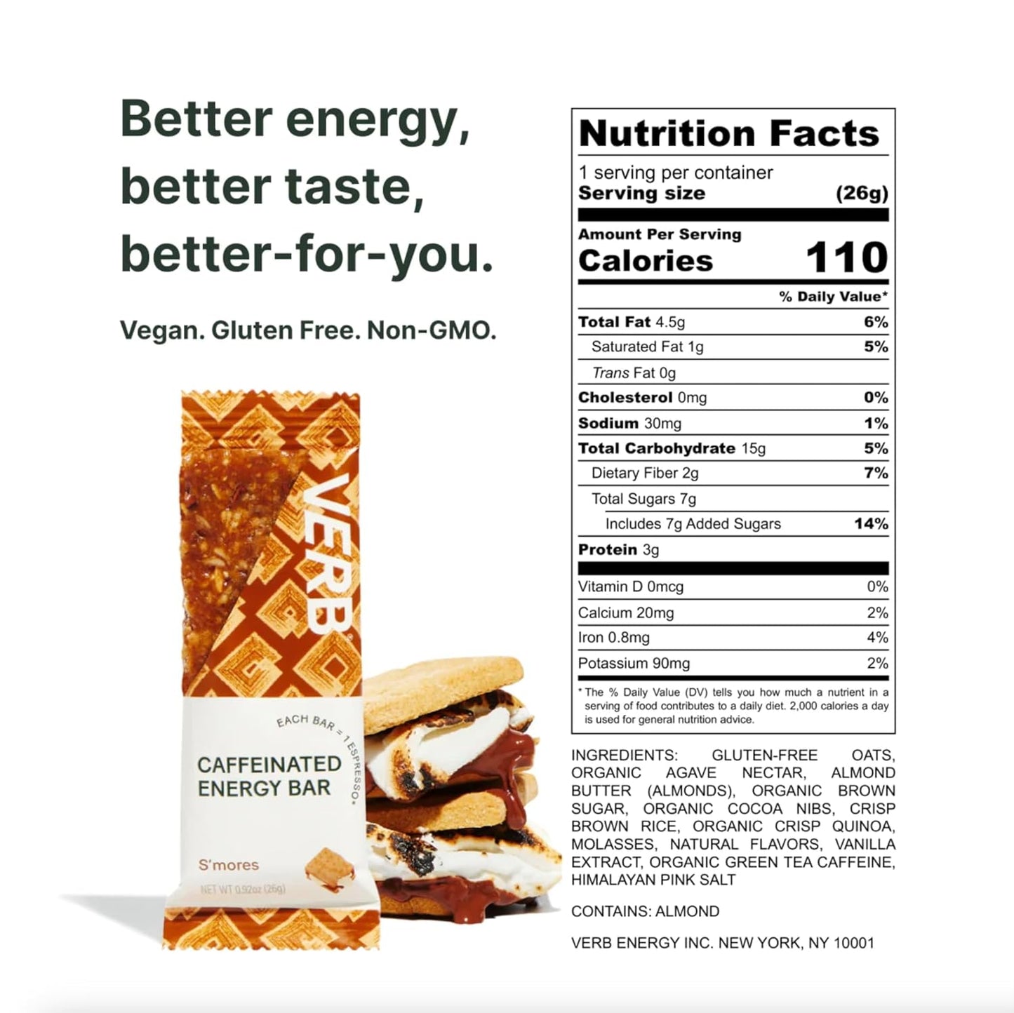 Verb Energy Variety Pack - Caffeinated Snack Bars with Organic Green Tea - Low Sugar & 110-Calorie Nutrition Bars - Vegan & Gluten Free Breakfast Bars - Pack of 16