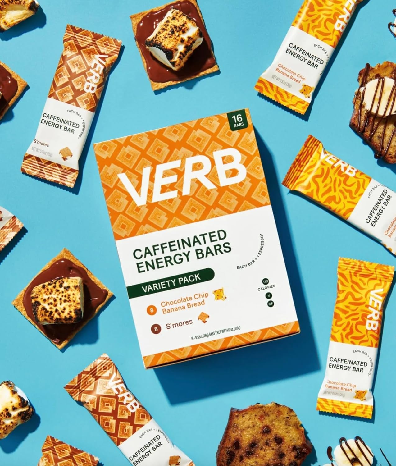 Verb Energy Variety Pack - Caffeinated Snack Bars with Organic Green Tea - Low Sugar & 110-Calorie Nutrition Bars - Vegan & Gluten Free Breakfast Bars - Pack of 16
