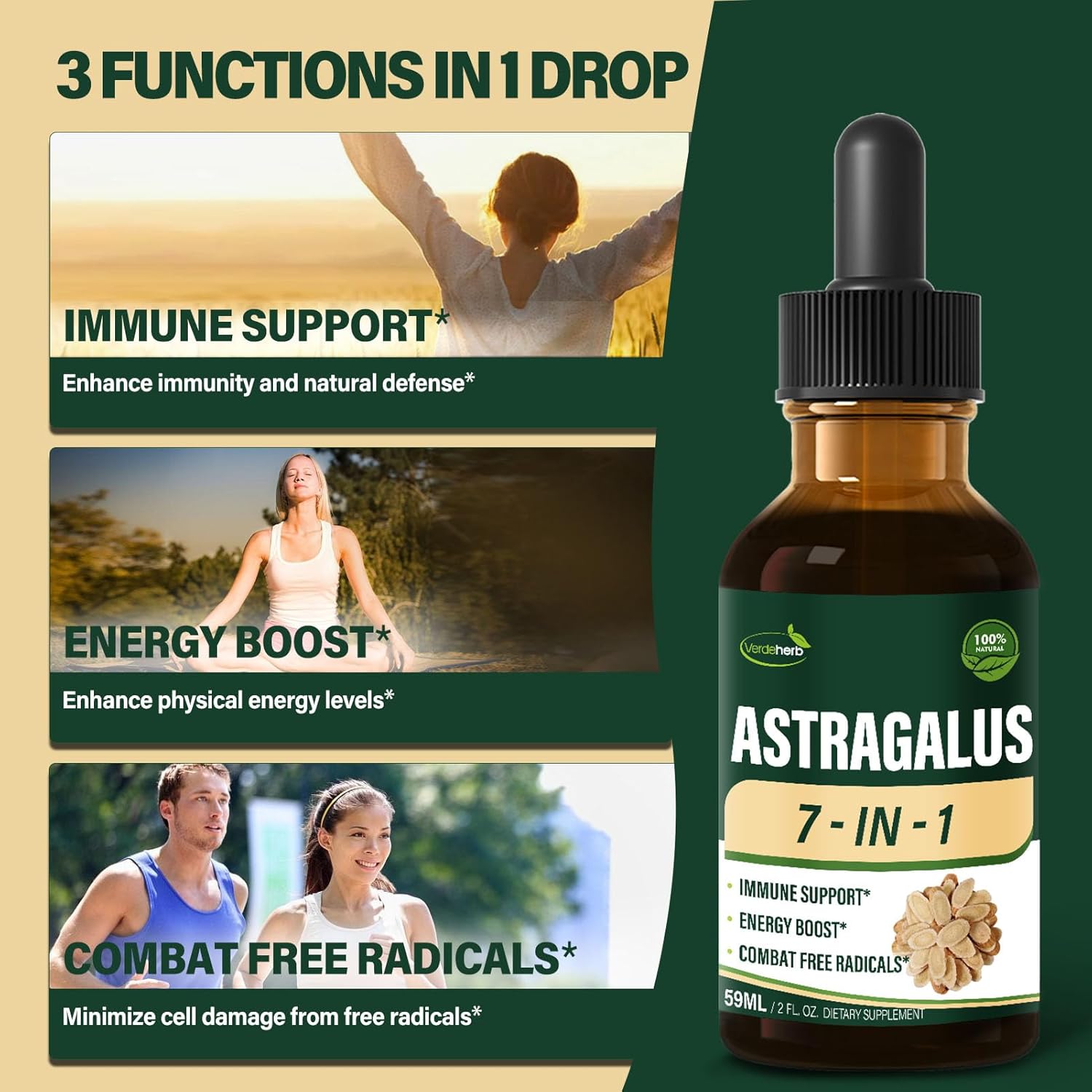Verdeherb Astragalus Root Extract Drops with Rhodiola Rosea, Echinacea, Elderberry, Reishi & Ginseng - Immune System Support Tincture - 2oz