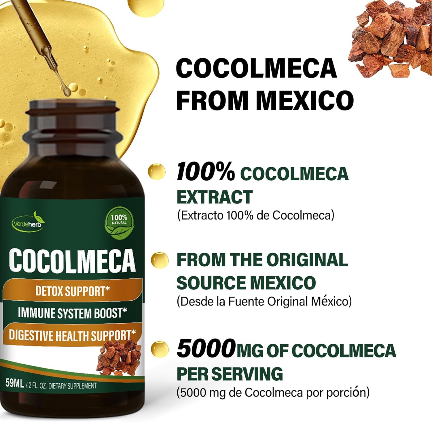 Verdeherb Cocolmeca Bark Liquid Drops - Herbal Body Detox Cleanse Support - Immune Boost & Digestive Health - 2oz