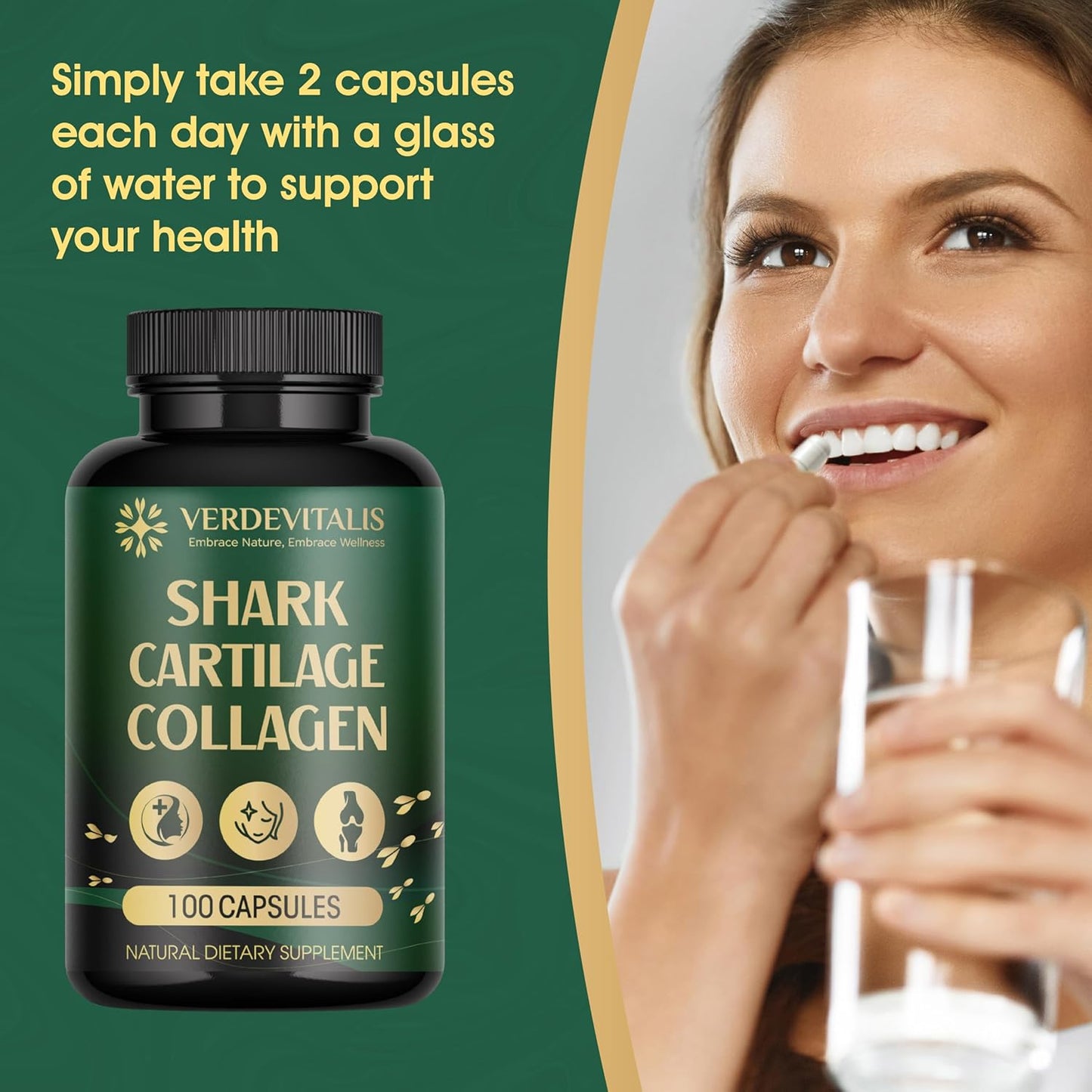 VERDEVITALIS Hydrolyzed Fish Collagen Peptides Capsules with Vitamin C - Non-GMO, Gluten Free - Supports Hair, Skin, Nails, Joints - USA Made - 100 Capsules