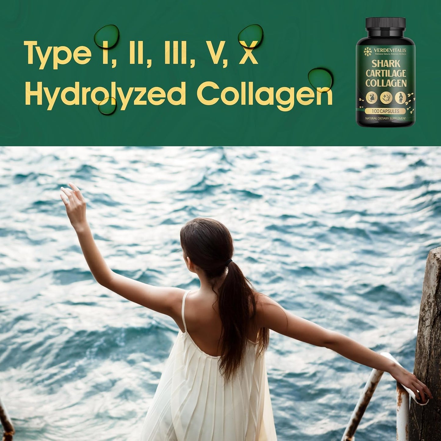 VERDEVITALIS Hydrolyzed Fish Collagen Peptides Capsules with Vitamin C - Non-GMO, Gluten Free - Supports Hair, Skin, Nails, Joints - USA Made - 100 Capsules