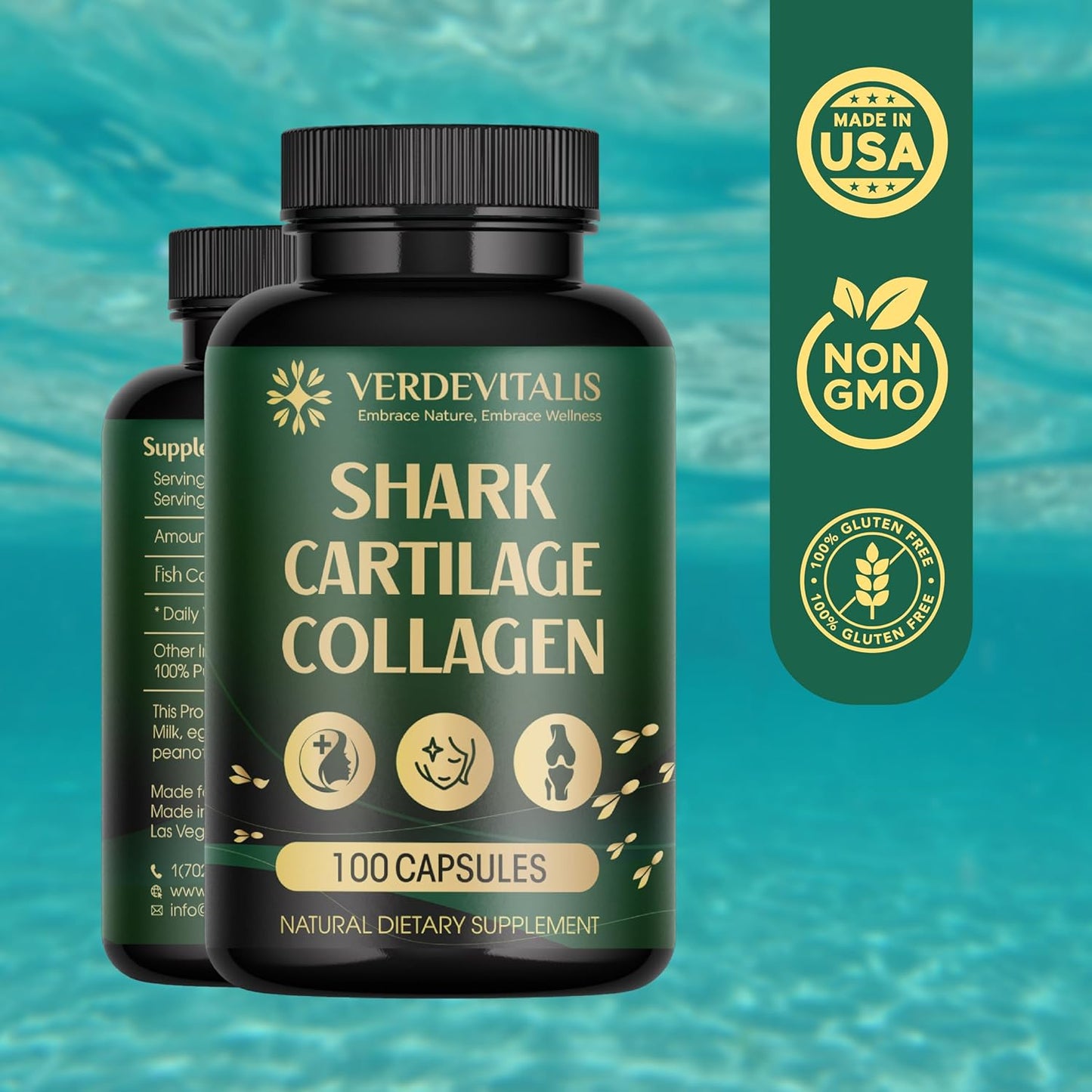 VERDEVITALIS Hydrolyzed Fish Collagen Peptides Capsules with Vitamin C - Non-GMO, Gluten Free - Supports Hair, Skin, Nails, Joints - USA Made - 100 Capsules