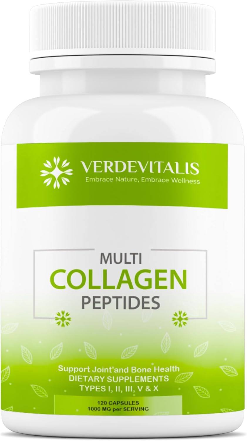 VERDEVITALIS Multi Collagen Peptides Capsules - Hydrolyzed Type I, II, III, V, X Collagen Supplements with Vitamin C - Supports Hair, Skin, Nails, Joints - Non-GMO, Gluten-Free - 120 Capsules