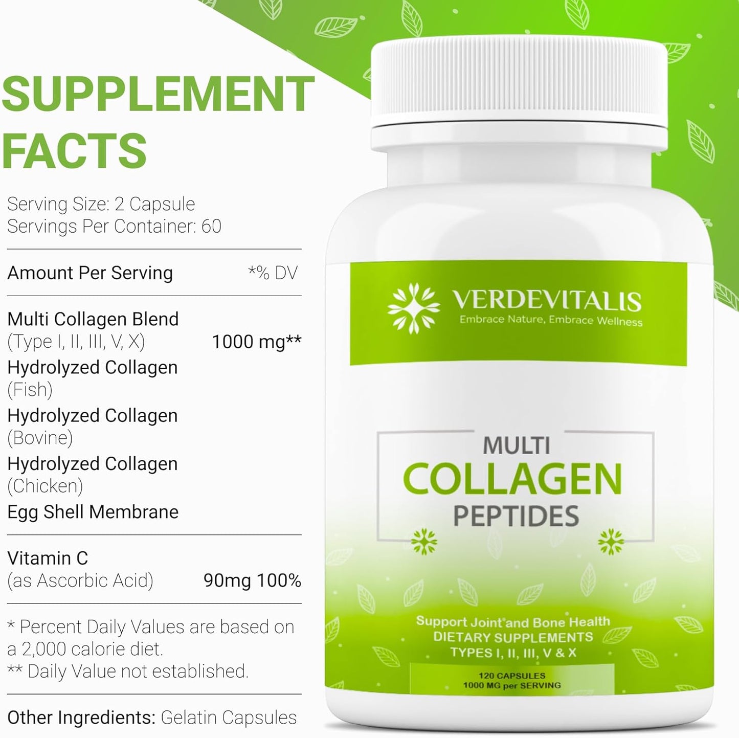 VERDEVITALIS Multi Collagen Peptides Capsules - Hydrolyzed Type I, II, III, V, X Collagen Supplements with Vitamin C - Supports Hair, Skin, Nails, Joints - Non-GMO, Gluten-Free - 120 Capsules