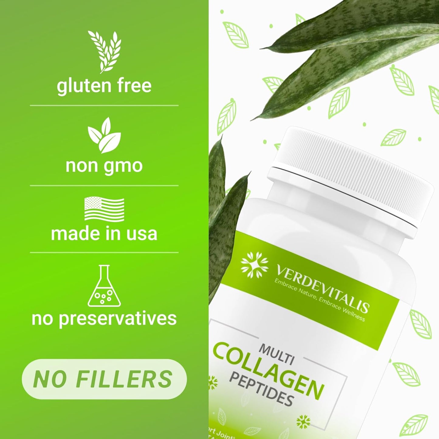 VERDEVITALIS Multi Collagen Peptides Capsules - Hydrolyzed Type I, II, III, V, X Collagen Supplements with Vitamin C - Supports Hair, Skin, Nails, Joints - Non-GMO, Gluten-Free - 120 Capsules