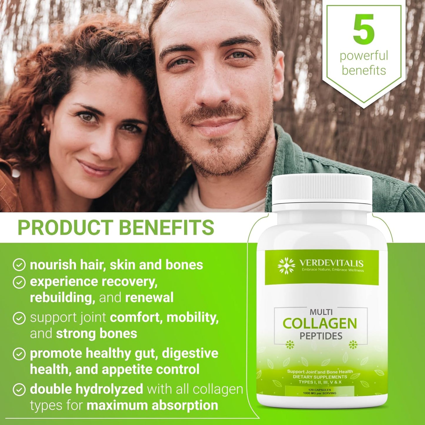 VERDEVITALIS Multi Collagen Peptides Capsules - Hydrolyzed Type I, II, III, V, X Collagen Supplements with Vitamin C - Supports Hair, Skin, Nails, Joints - Non-GMO, Gluten-Free - 120 Capsules