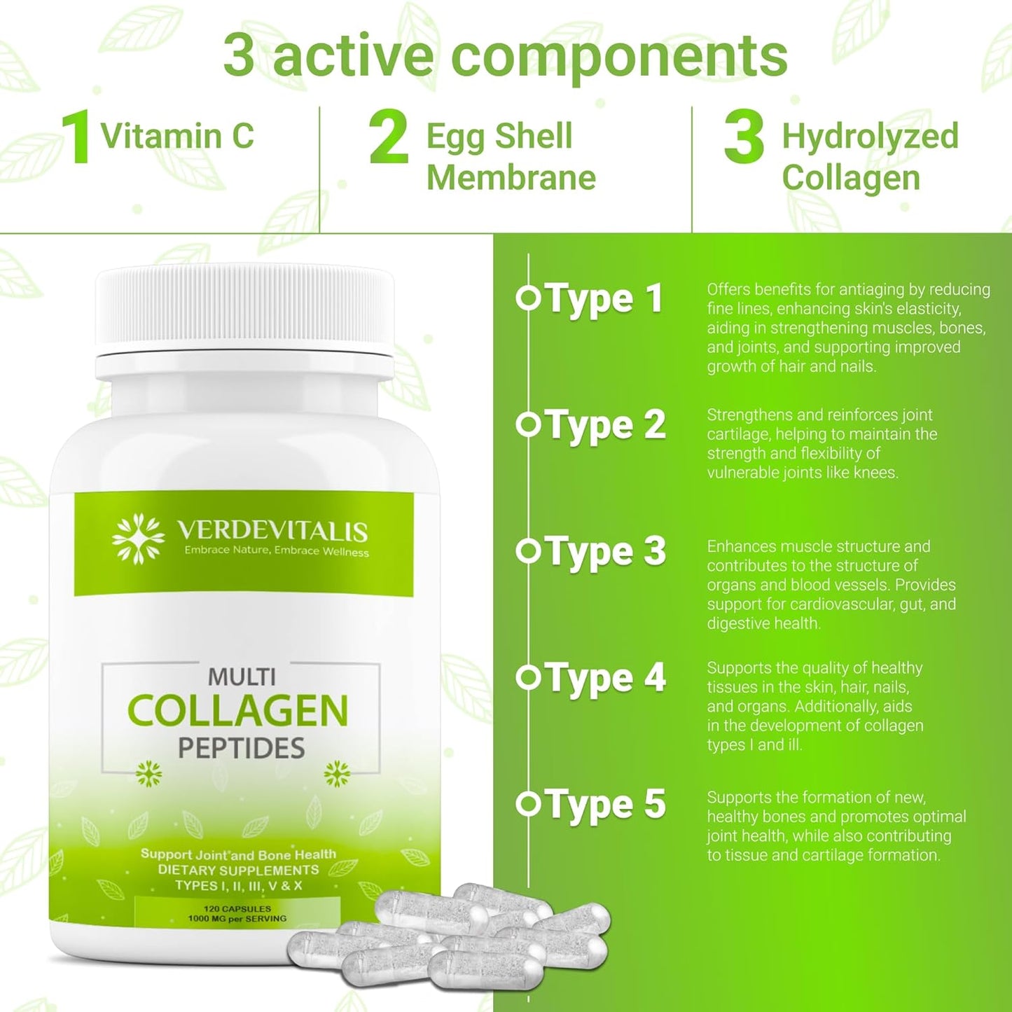 VERDEVITALIS Multi Collagen Peptides Capsules - Hydrolyzed Type I, II, III, V, X Collagen Supplements with Vitamin C - Supports Hair, Skin, Nails, Joints - Non-GMO, Gluten-Free - 120 Capsules