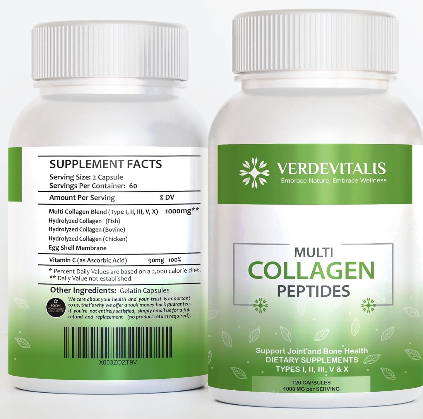 VERDEVITALIS Multi Collagen Peptides Capsules - Hydrolyzed Type I, II, III, V, X Collagen Supplements with Vitamin C - Supports Hair, Skin, Nails, Joints - Non-GMO, Gluten-Free - 120 Capsules