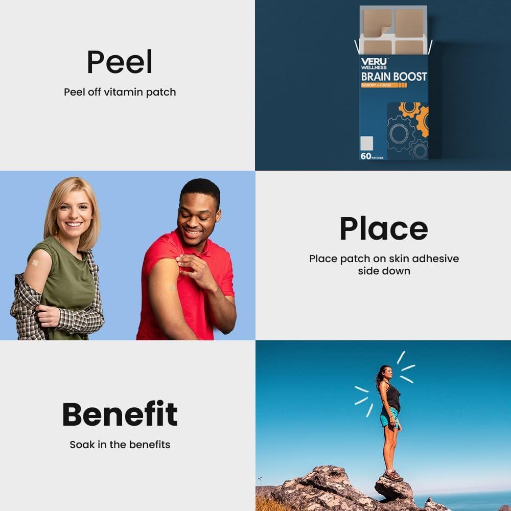 Veru Wellness Brain Boost Cognitive Patch - Enhances Memory, Focus, and Alertness - Ginko Bilboa, Rhodiola Rosea, MCT - 60 Day Supply