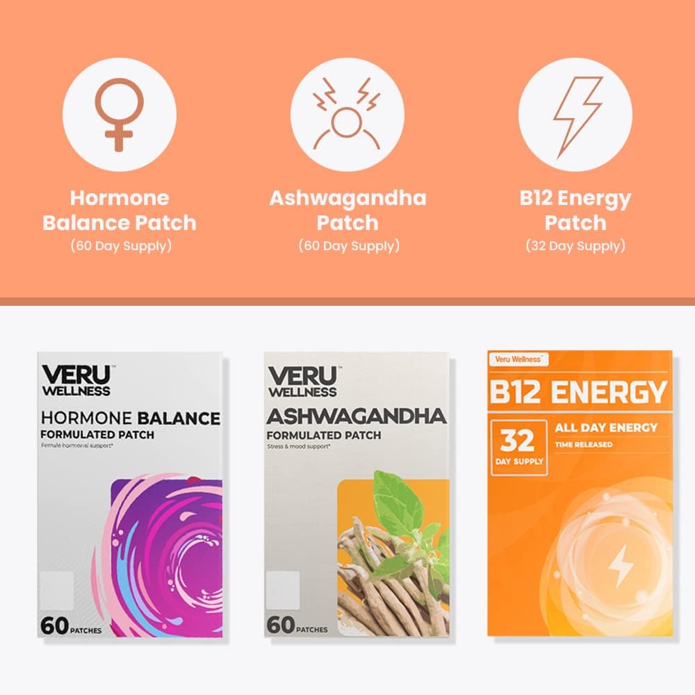 Veru Wellness Hormonal Balance Patch Bundle for Women - Myo-Inositol, D-Chiro, Ashwagandha, B12 - PMS Relief, Menstrual Support, Mood Stress & Energy - 2 Month Supply