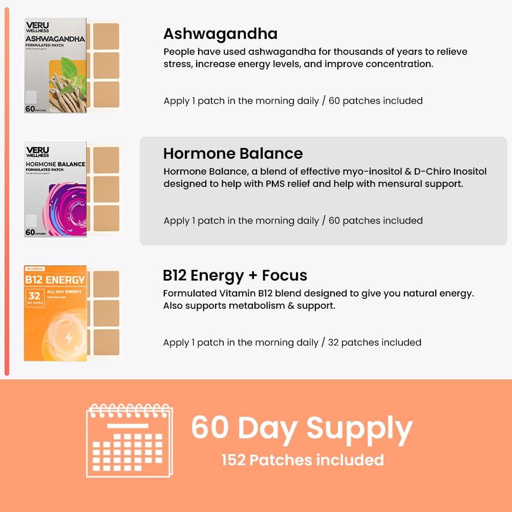 Veru Wellness Hormonal Balance Patch Bundle for Women - Myo-Inositol, D-Chiro, Ashwagandha, B12 - PMS Relief, Menstrual Support, Mood Stress & Energy - 2 Month Supply