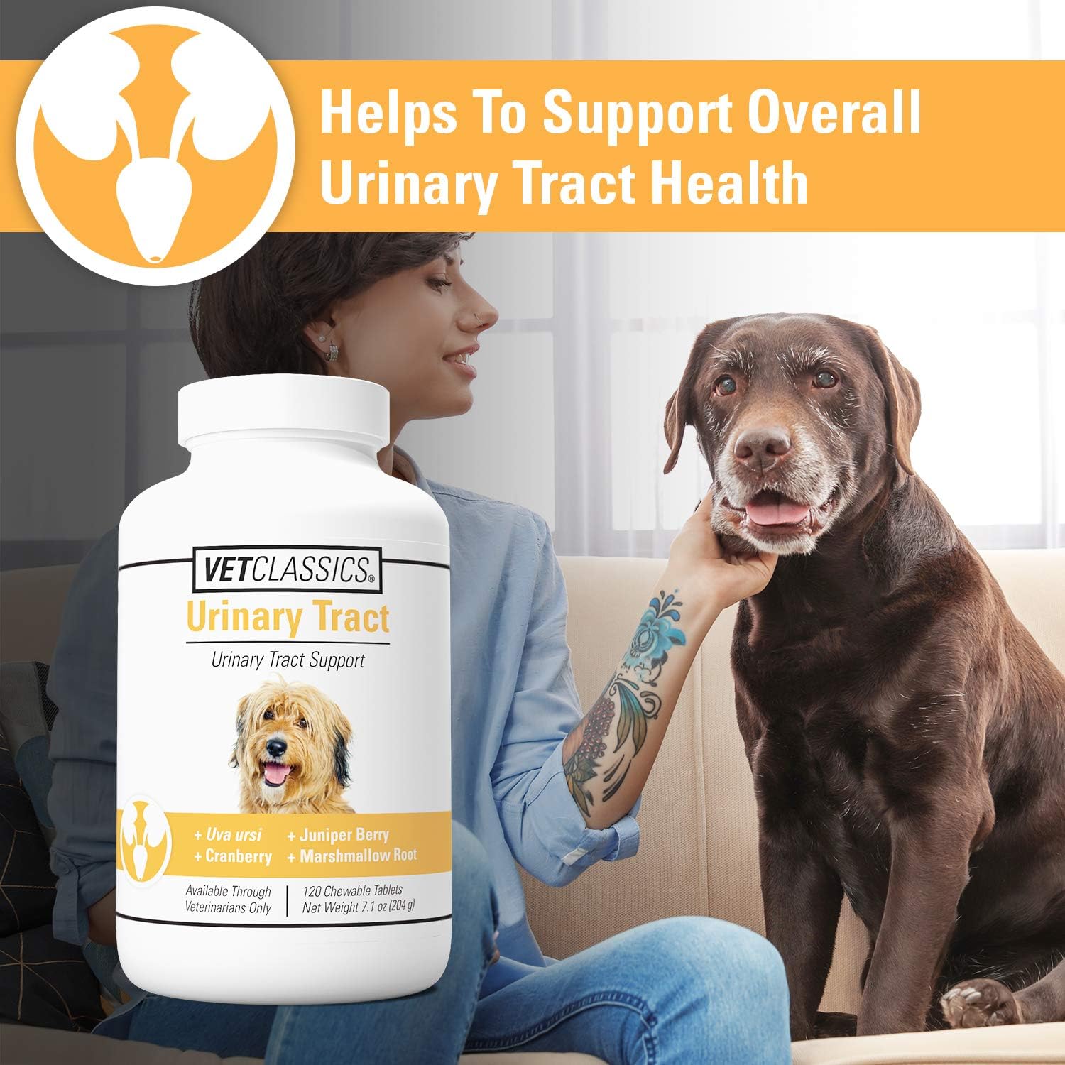 Vet Classics Urinary Tract Support Dog Supplement with Cranberry - Pet Incontinence Relief - Chewable Tablets 120 Ct.