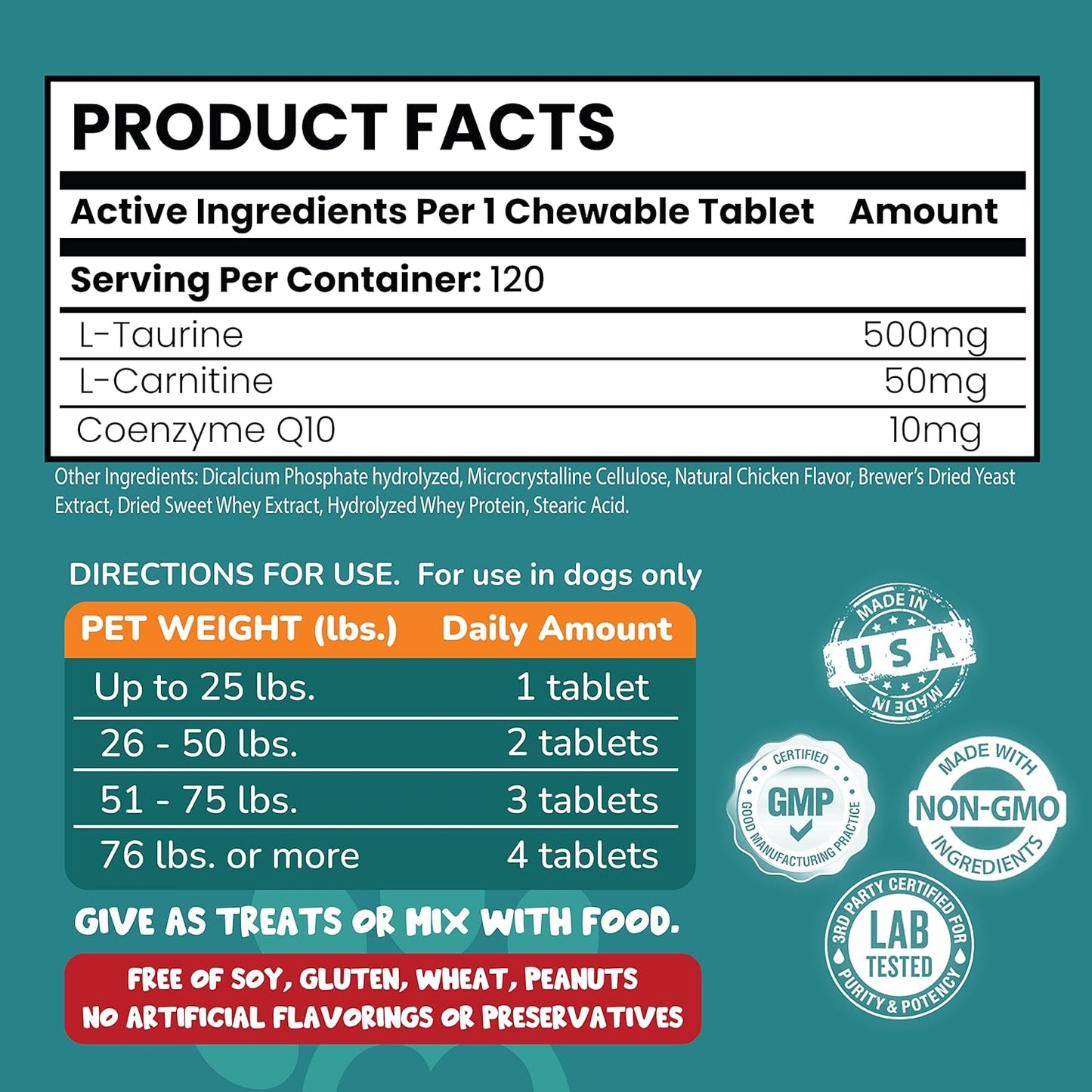 Vet-Endorsed Pet LOL Taurine Supplement for Dogs with L-Carnitine and CoQ10 - 3-in-1 Heart Health Support - 120ct