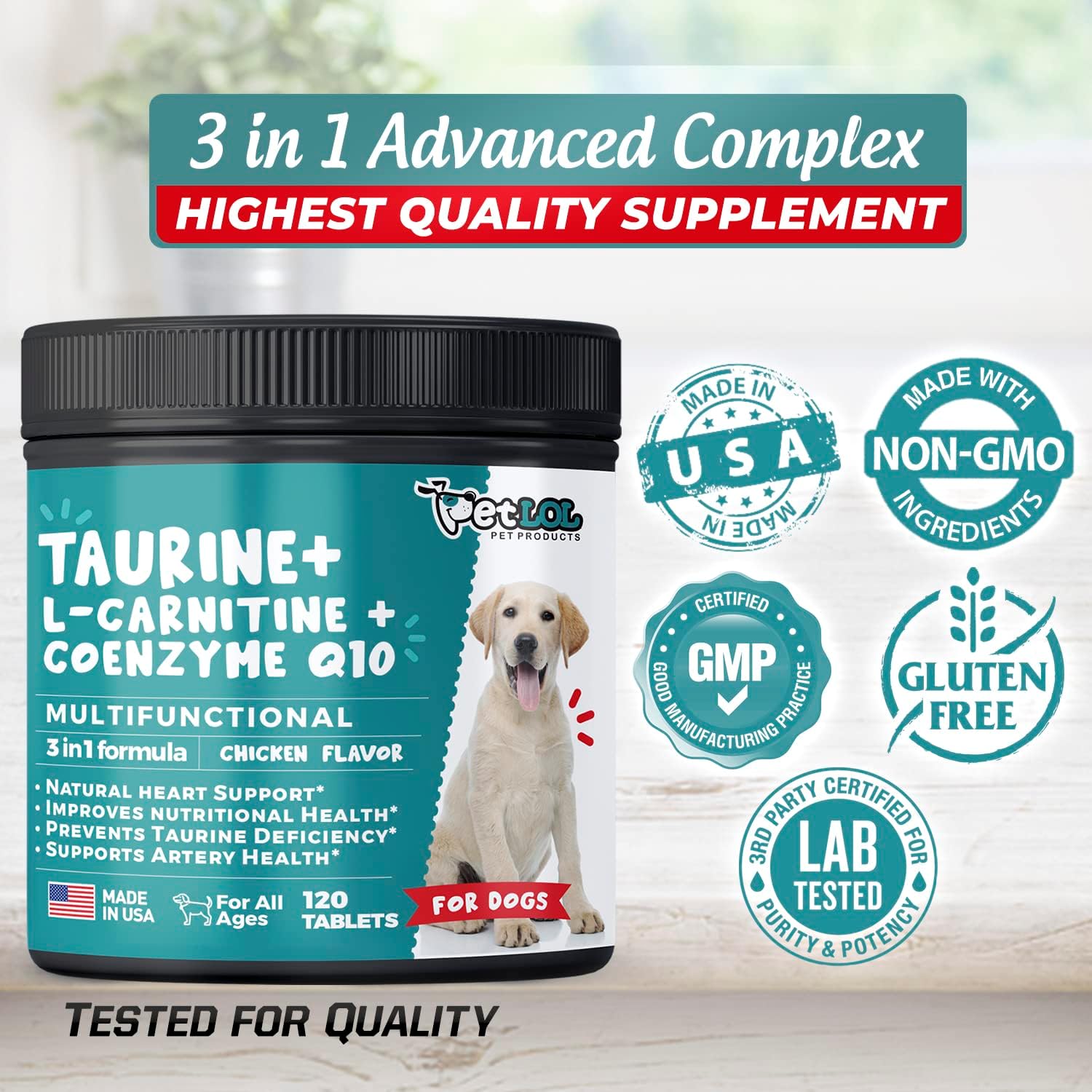 Vet-Endorsed Pet LOL Taurine Supplement for Dogs with L-Carnitine and CoQ10 - 3-in-1 Heart Health Support - 120ct