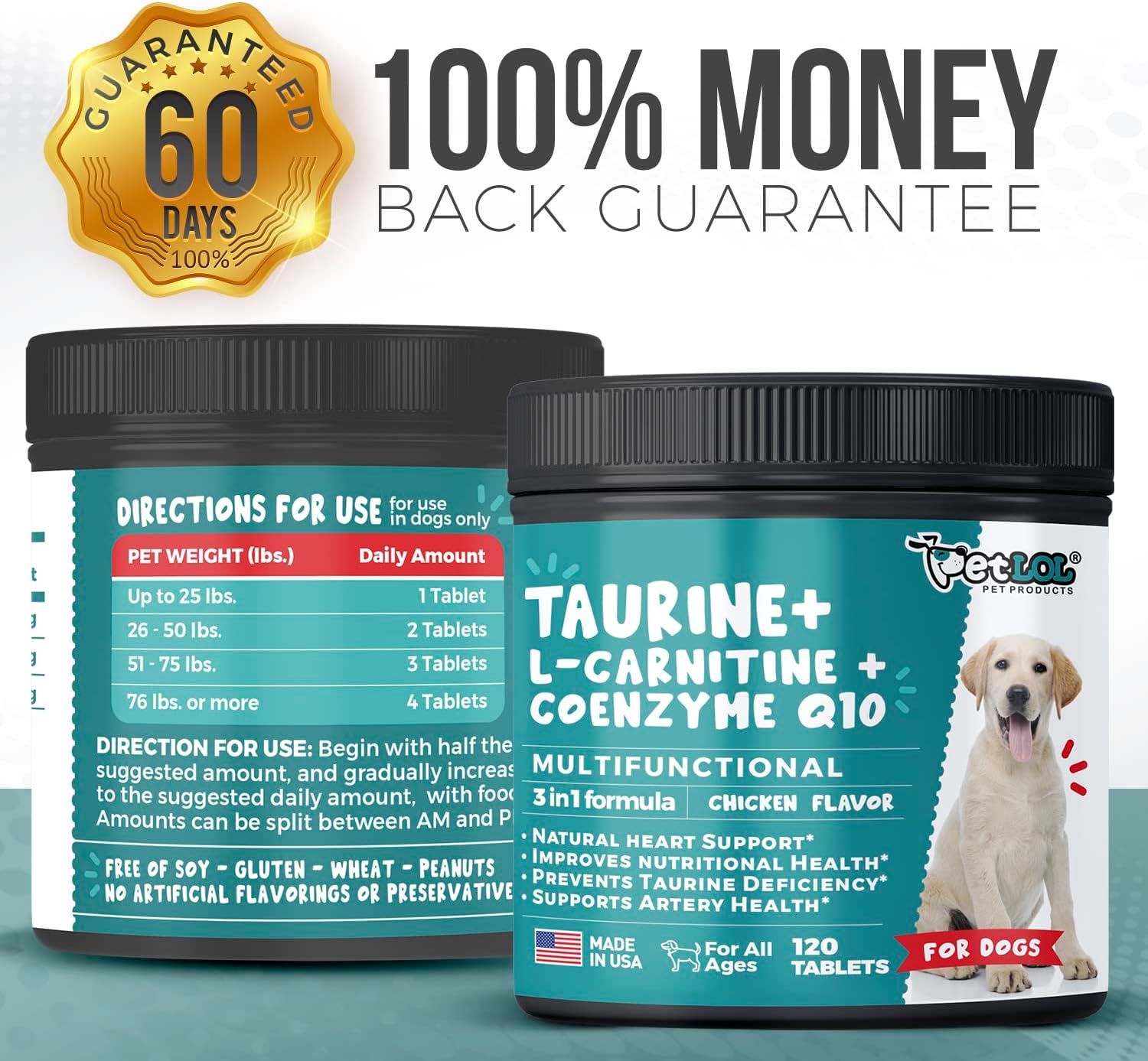 Vet-Endorsed Pet LOL Taurine Supplement for Dogs with L-Carnitine and CoQ10 - 3-in-1 Heart Health Support - 120ct