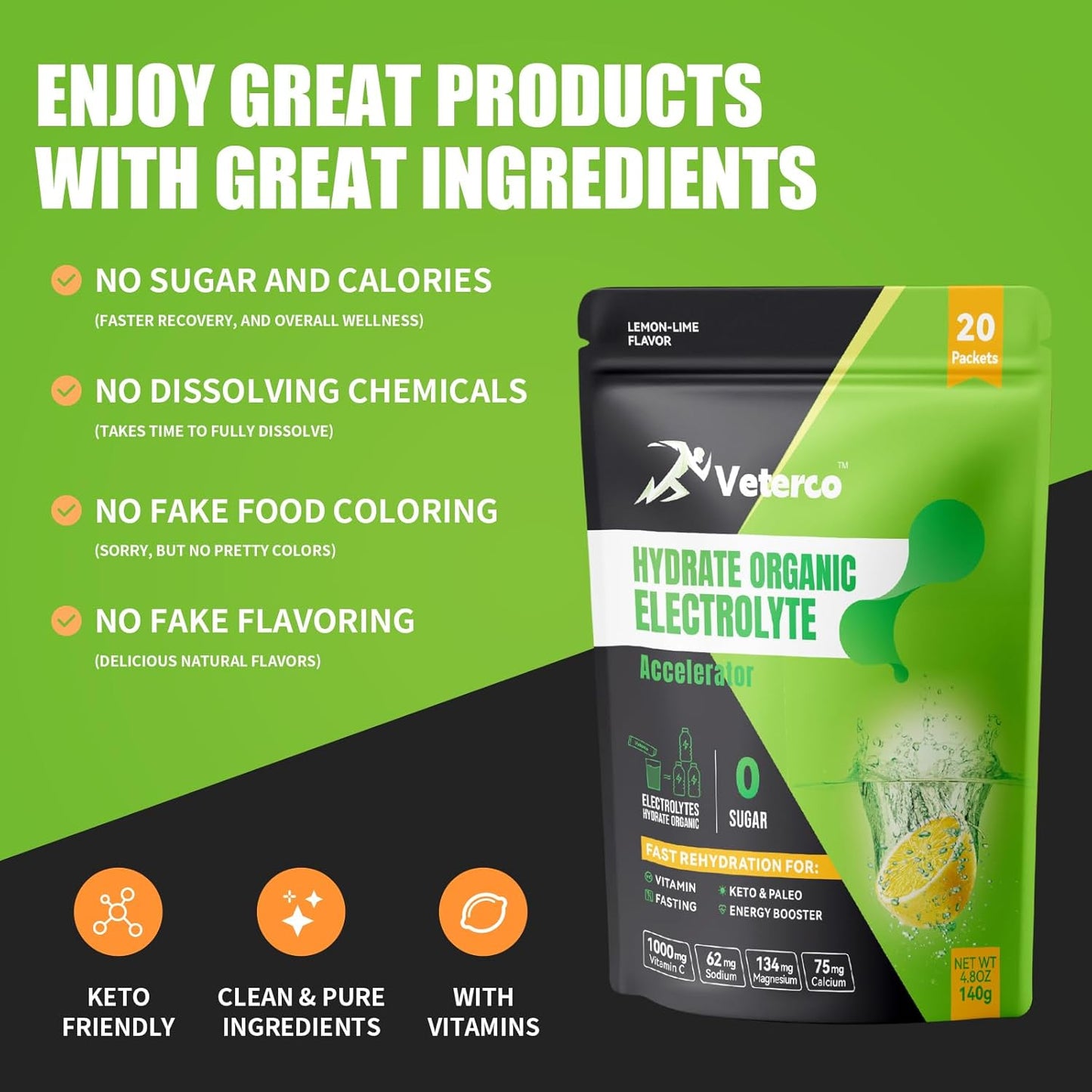 Veterco Electrolyte Powder Drink Mix with Vitamins & Minerals - Keto-Friendly Lemon Flavor Hydration Packets (20 Sticks)