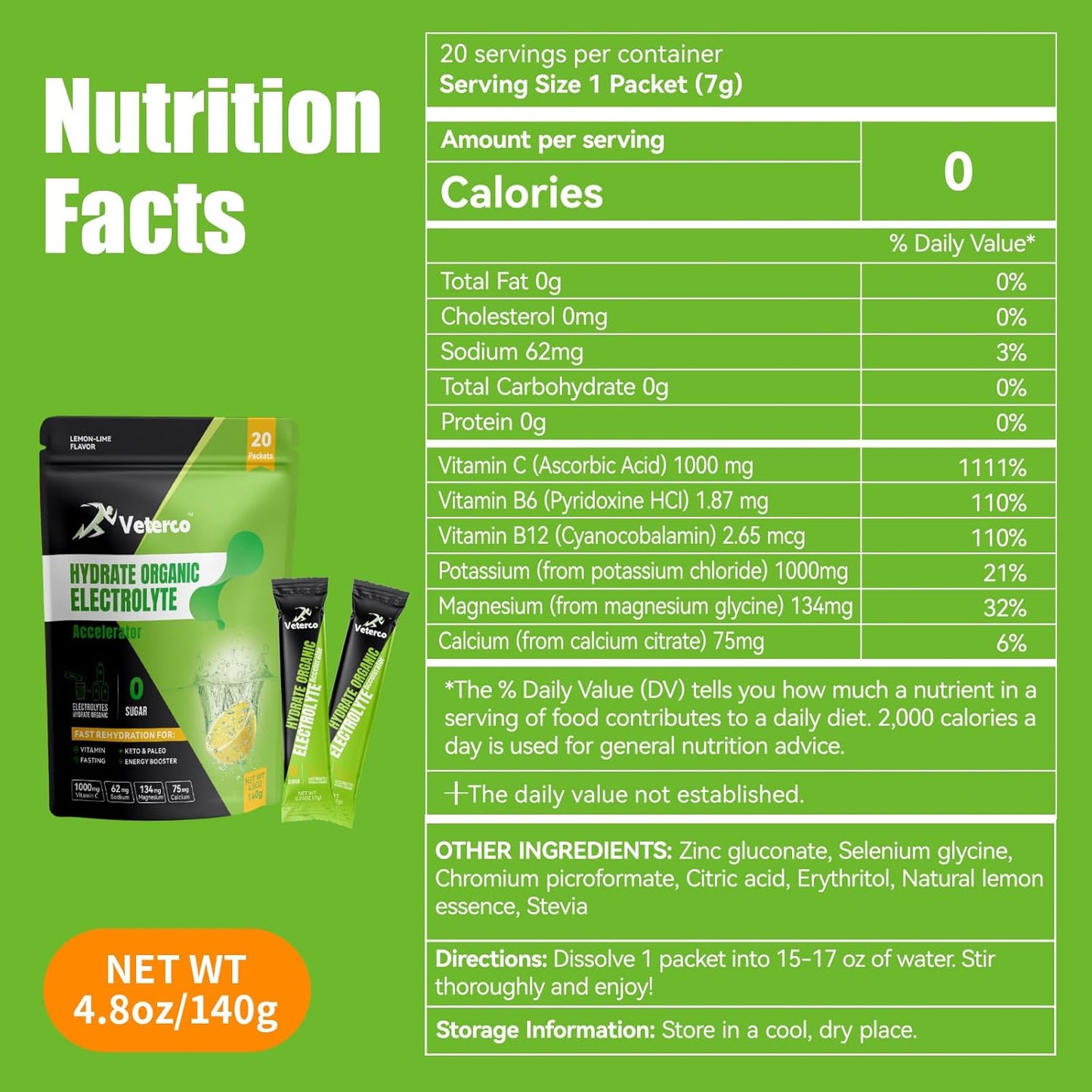 Veterco Electrolyte Powder Drink Mix with Vitamins & Minerals - Keto-Friendly Lemon Flavor Hydration Packets (20 Sticks)