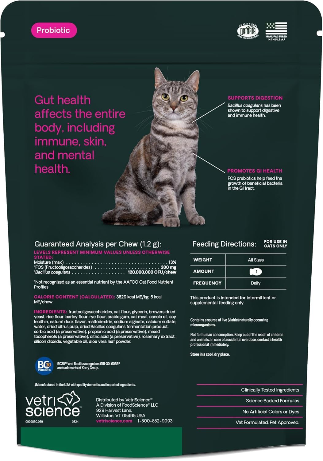 VetriScience Extra Strength Probiotics for Cats & Dogs, Digestion & Immune Support, 120 Million CFU, 60 Chews